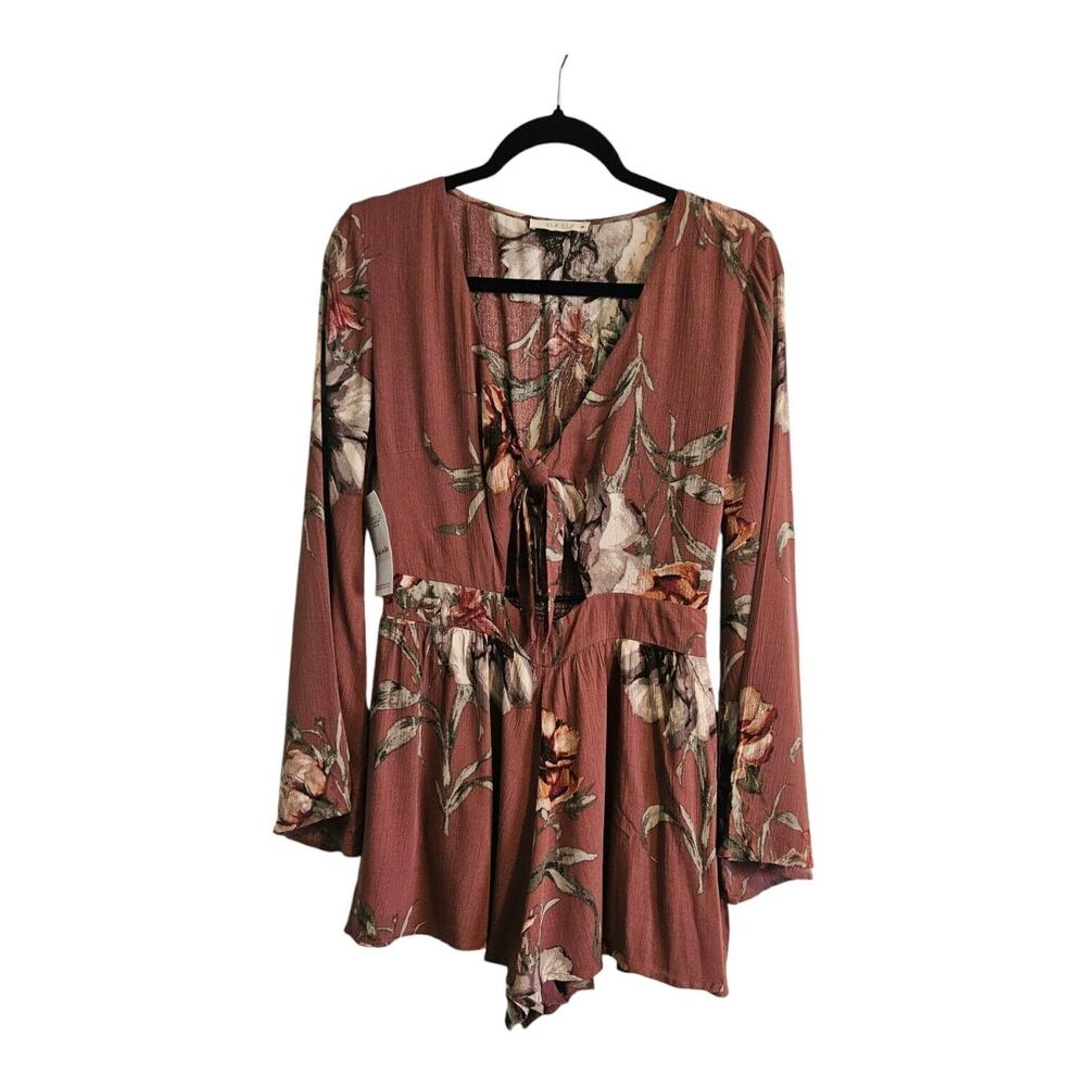 Illa Illa NWT Womens Size M Romper Mauve Floral Front Cut Out Knot Ruching Lined